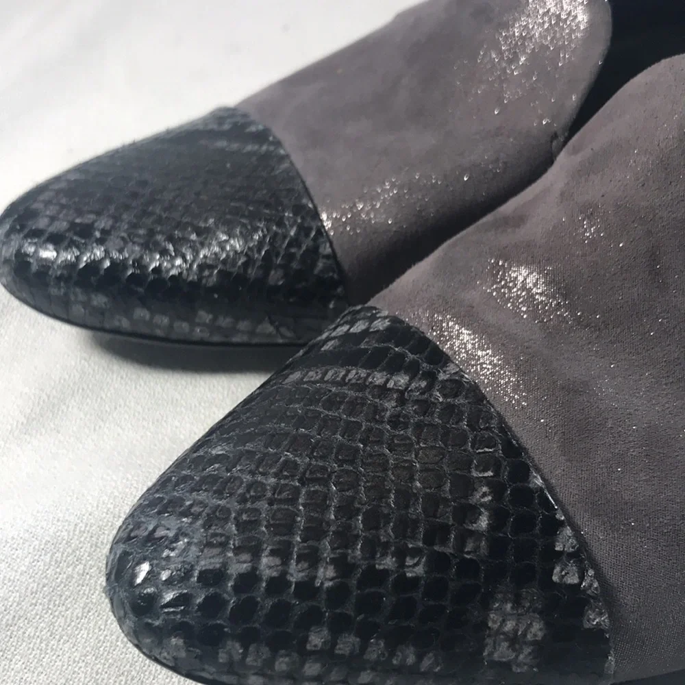 AGL Women's Dalia Sparkly Gray Suede With Gray & Black Reptile Cap Toe Loafers